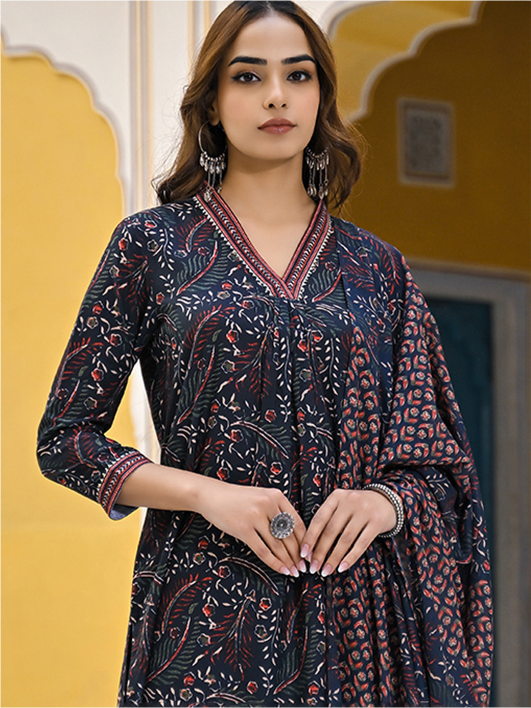 

KALINI Floral Printed Pleated Straight Kurta With Trousers & Dupatta, Navy blue