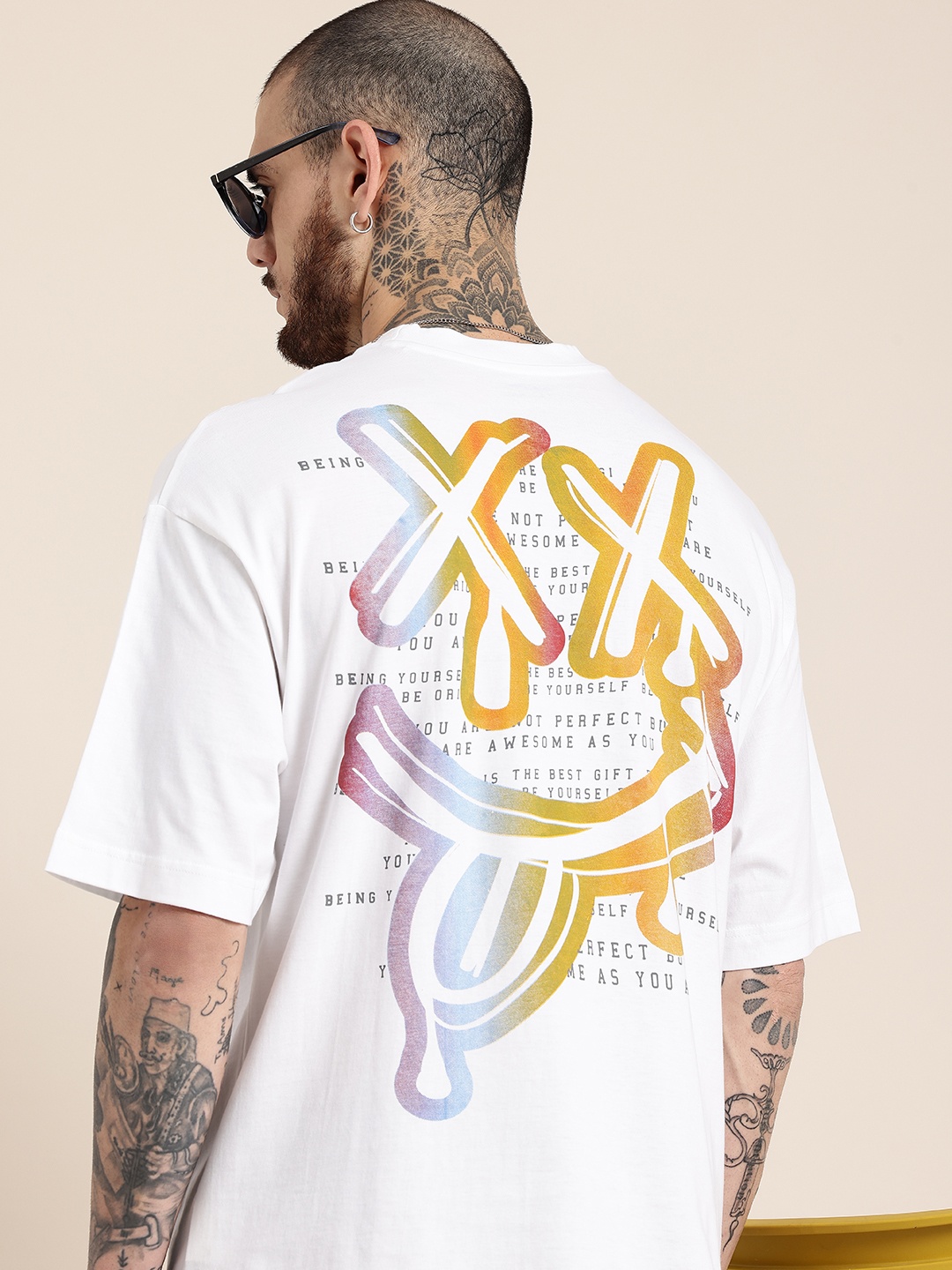 

HERE&NOW Pure Cotton Graphic Printed Drop-Shoulder Sleeves Oversized Fit T-shirt, White