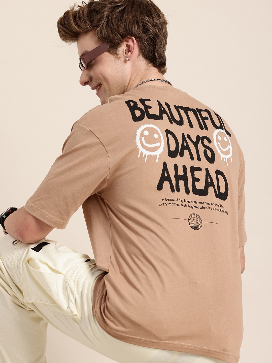 

HERE&NOW Pure Cotton Typography Printed Drop-Shoulder Sleeves Relaxed Fit T-shirt, Beige