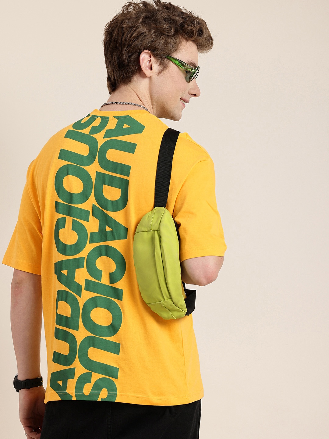 

HERE&NOW Typography Printed Drop-Shoulder Sleeves Oversized Fit Pure Cotton T-shirt, Yellow
