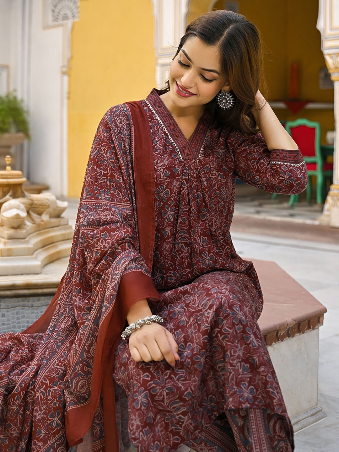 

KALINI Floral Printed Pleated Kurta with Trouser & Dupatta, Maroon