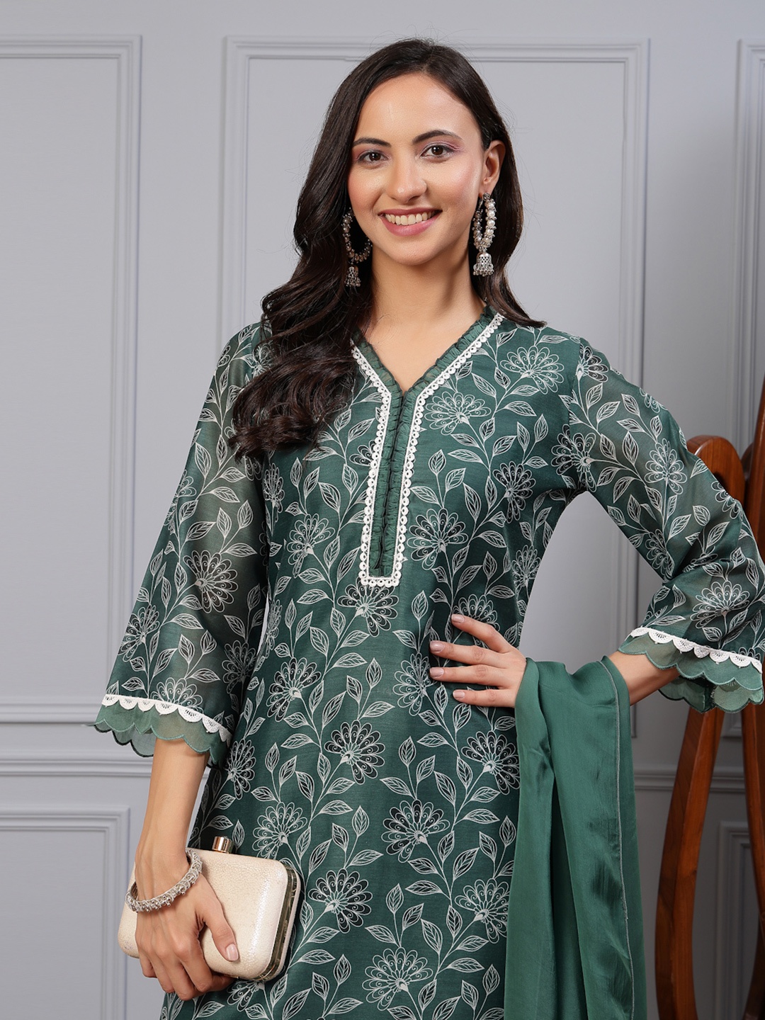 

Nayam By Lakshita Floral Printed V-Neck Chanderi Straight Kurta with Palazzos & Dupatta, Green