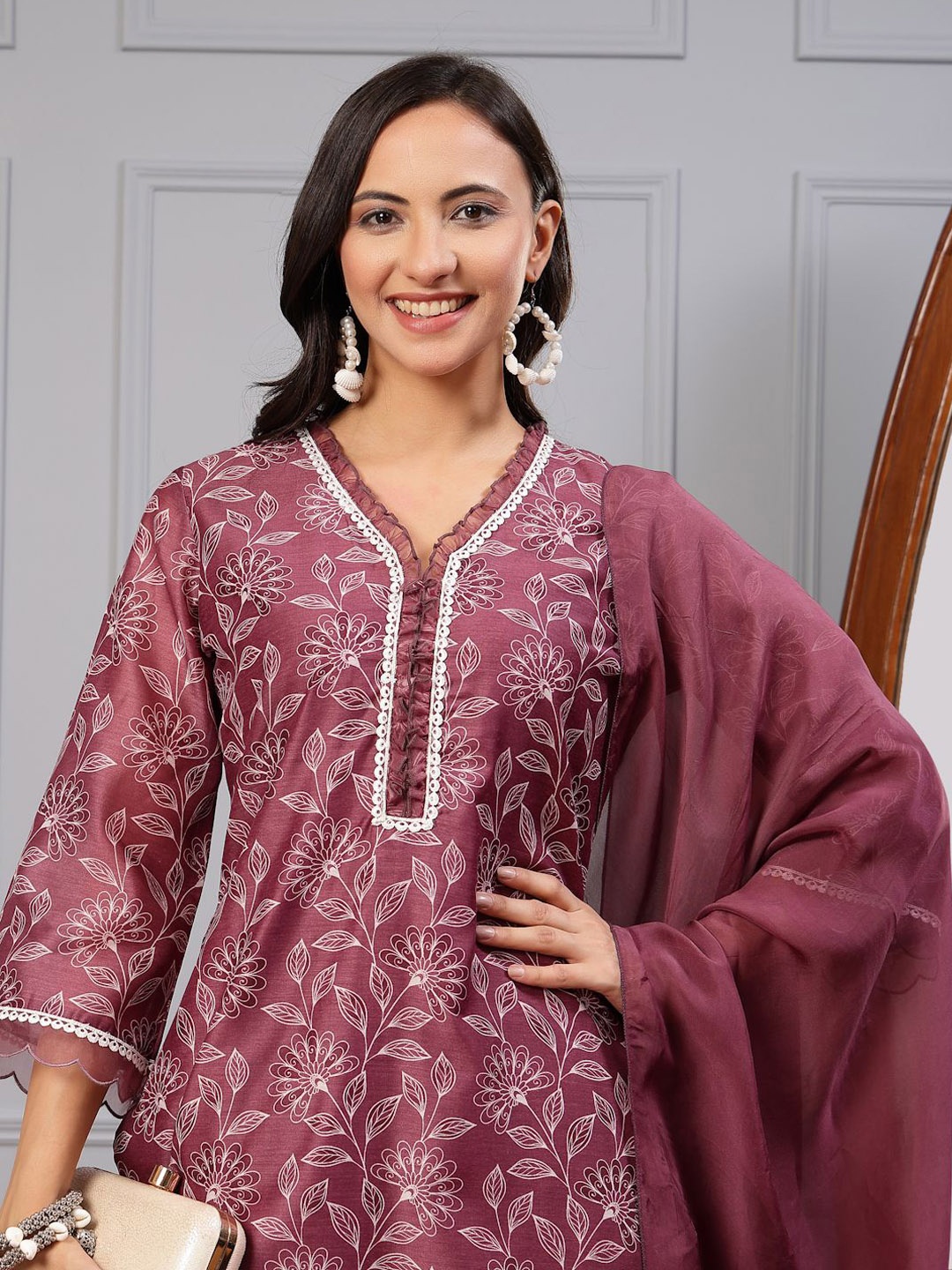 

Nayam By Lakshita Floral Printed Straight Kurta with Trousers & Dupatta, Mauve