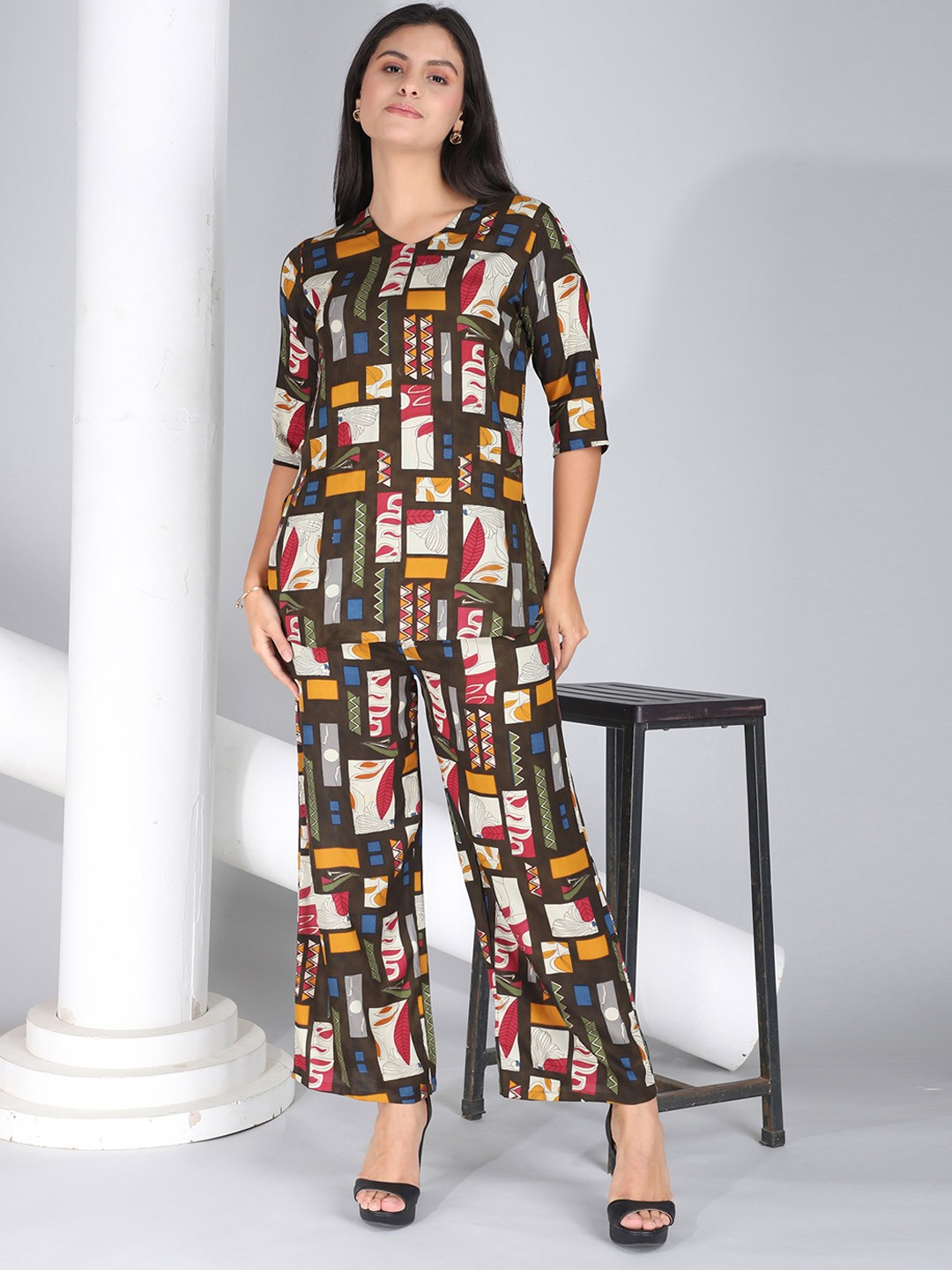 

FIMS V-Neck Geometric Printed Tunic & Palazzo, Brown