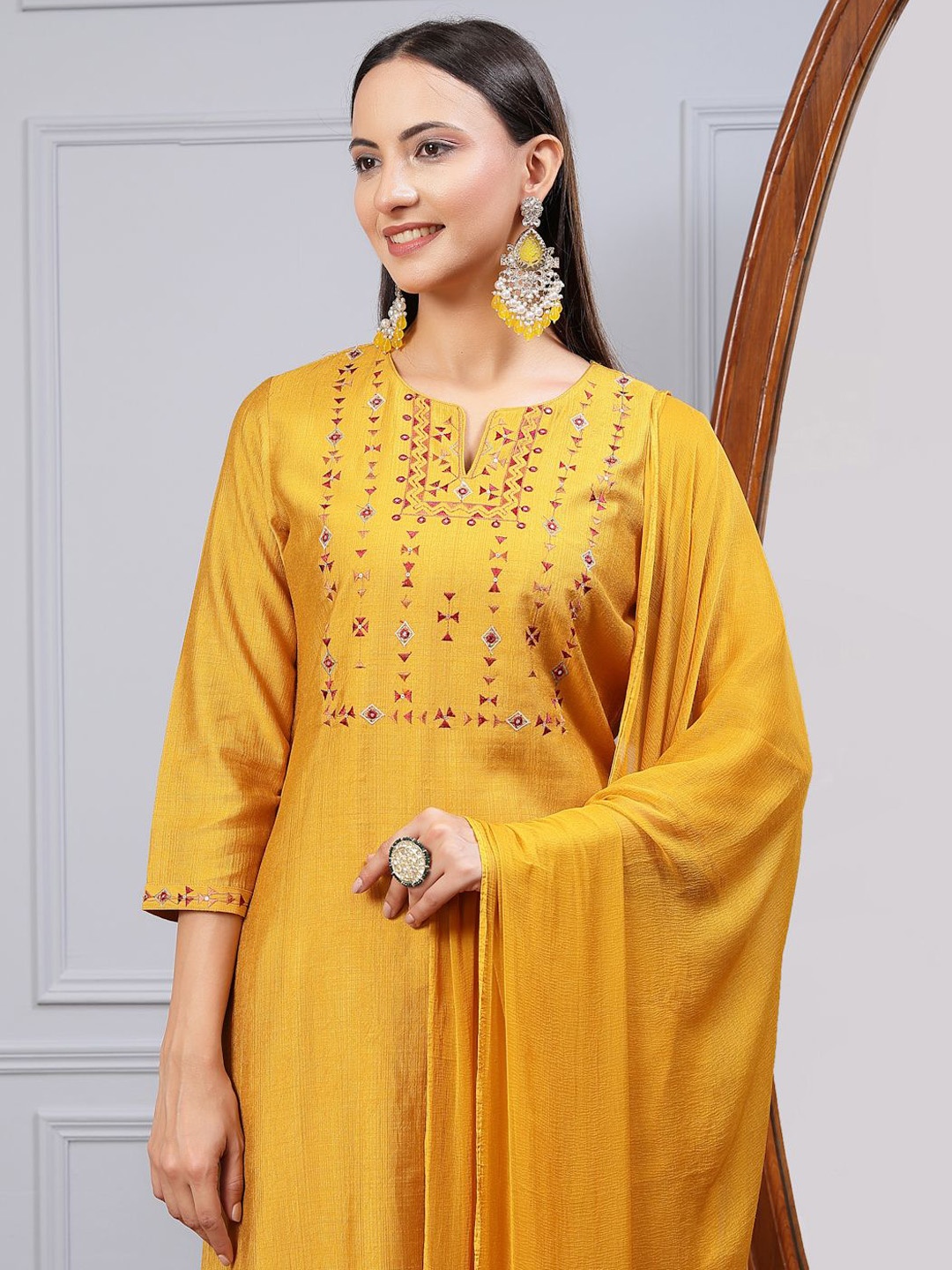 

Nayam By Lakshita Geometric Yoke Design Thread Work Straight Kurta with Palazzos & Dupatta, Mustard