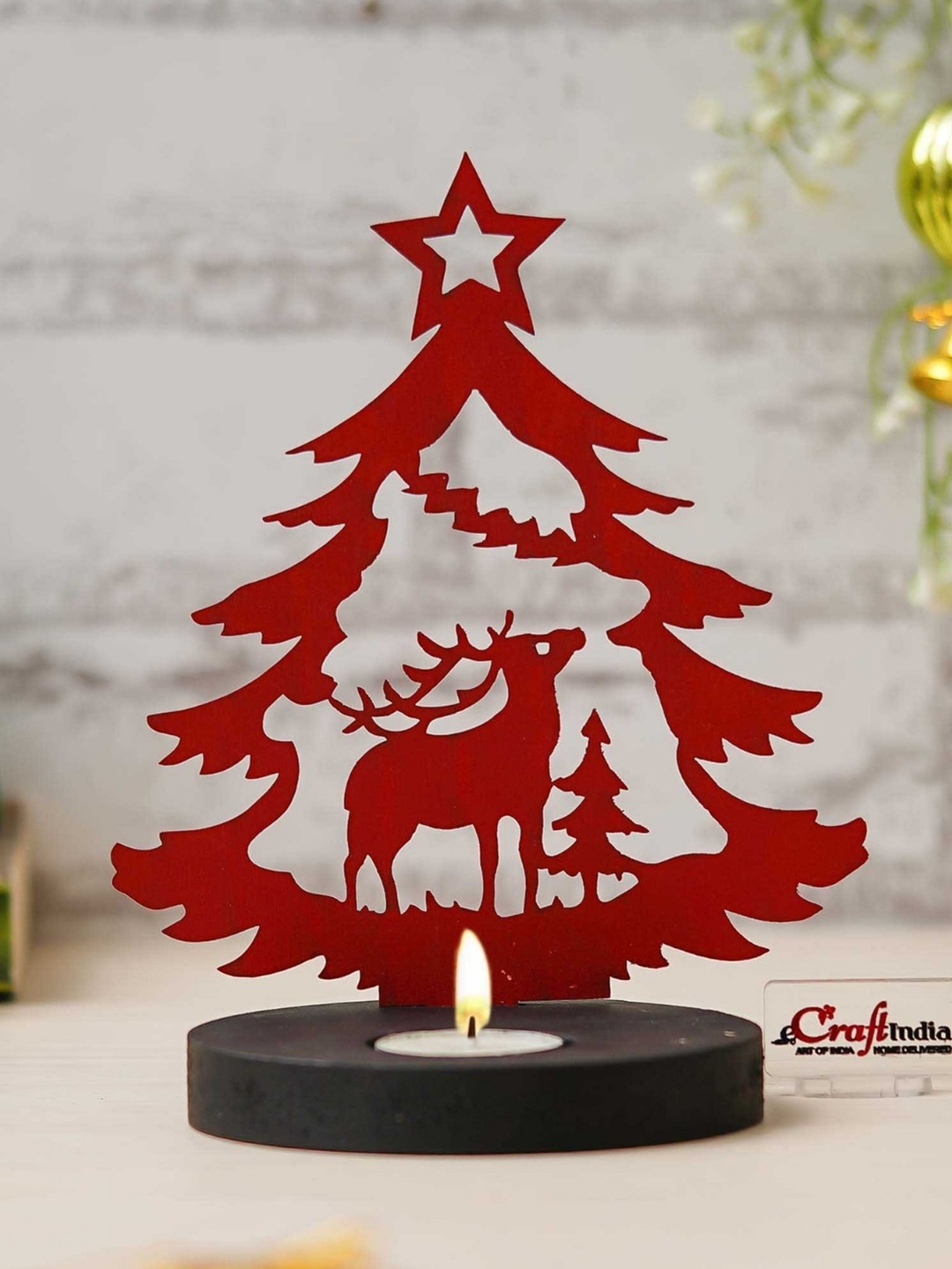 

eCraftIndia Red & Black Merry Christmas Tree Reindeer Wooden Tealight Candle Holder