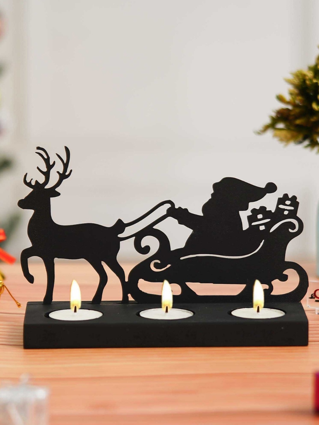 

eCraftIndia Black Santa Clause Reindeer Sleigh Decorative Wooden Tlight Candle Holder