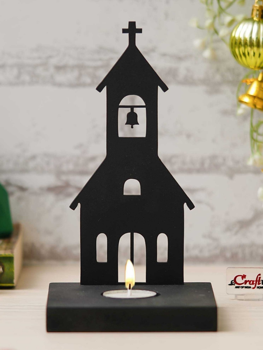 

eCraftIndia Black Merry Christmas Charming Church Wooden Tealight Candle Holder