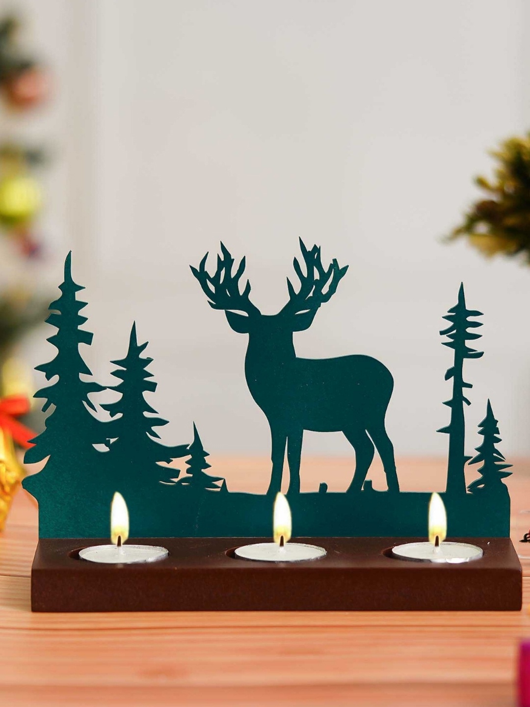 

eCraftIndia Green & Brown Reindeer Christmas Tree Wooden Tea Light Candle Holders