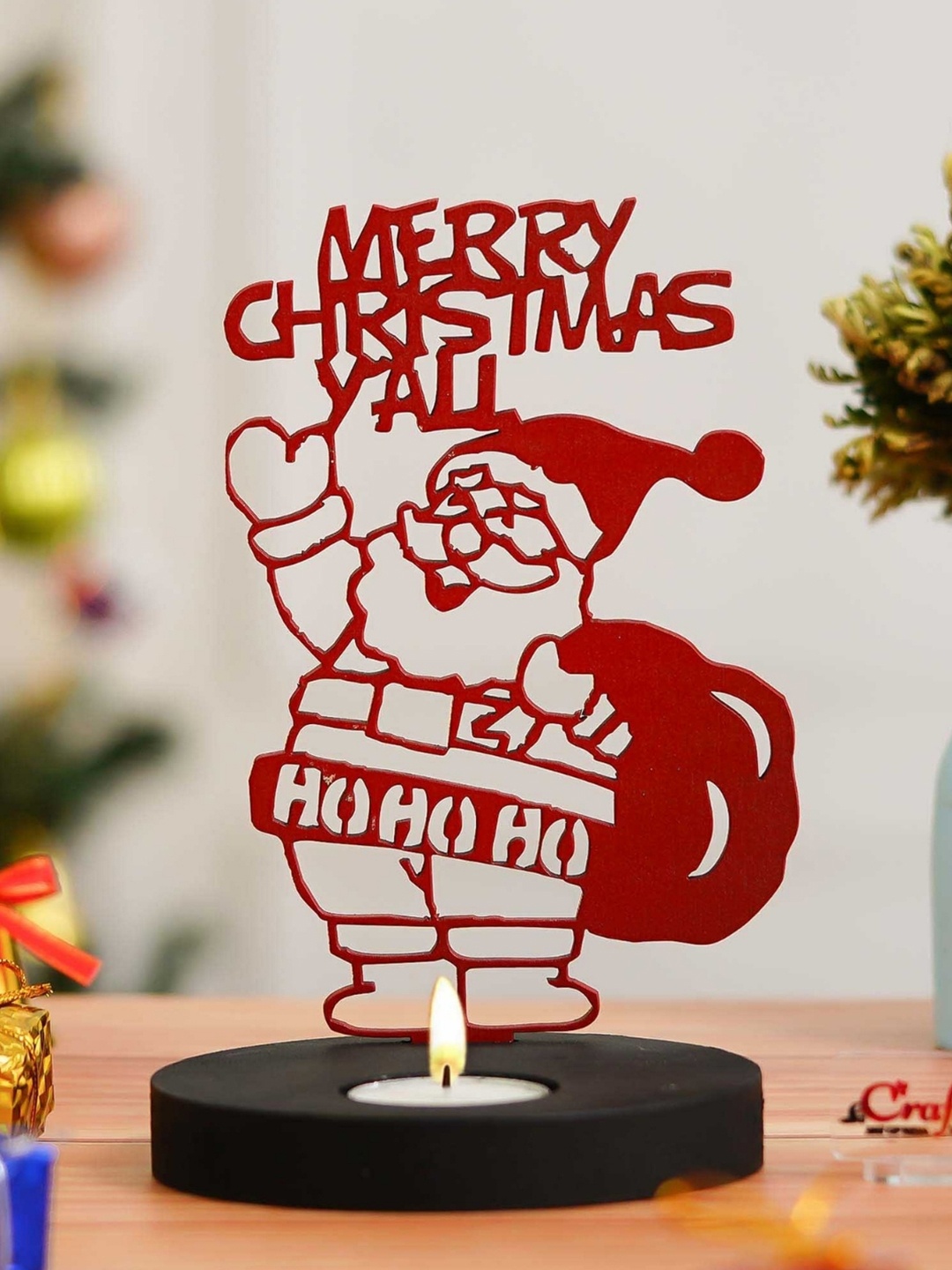 

eCraftIndia Red & Black Merry Christmas Santa Claus Wooden Tea Light Candle Holder