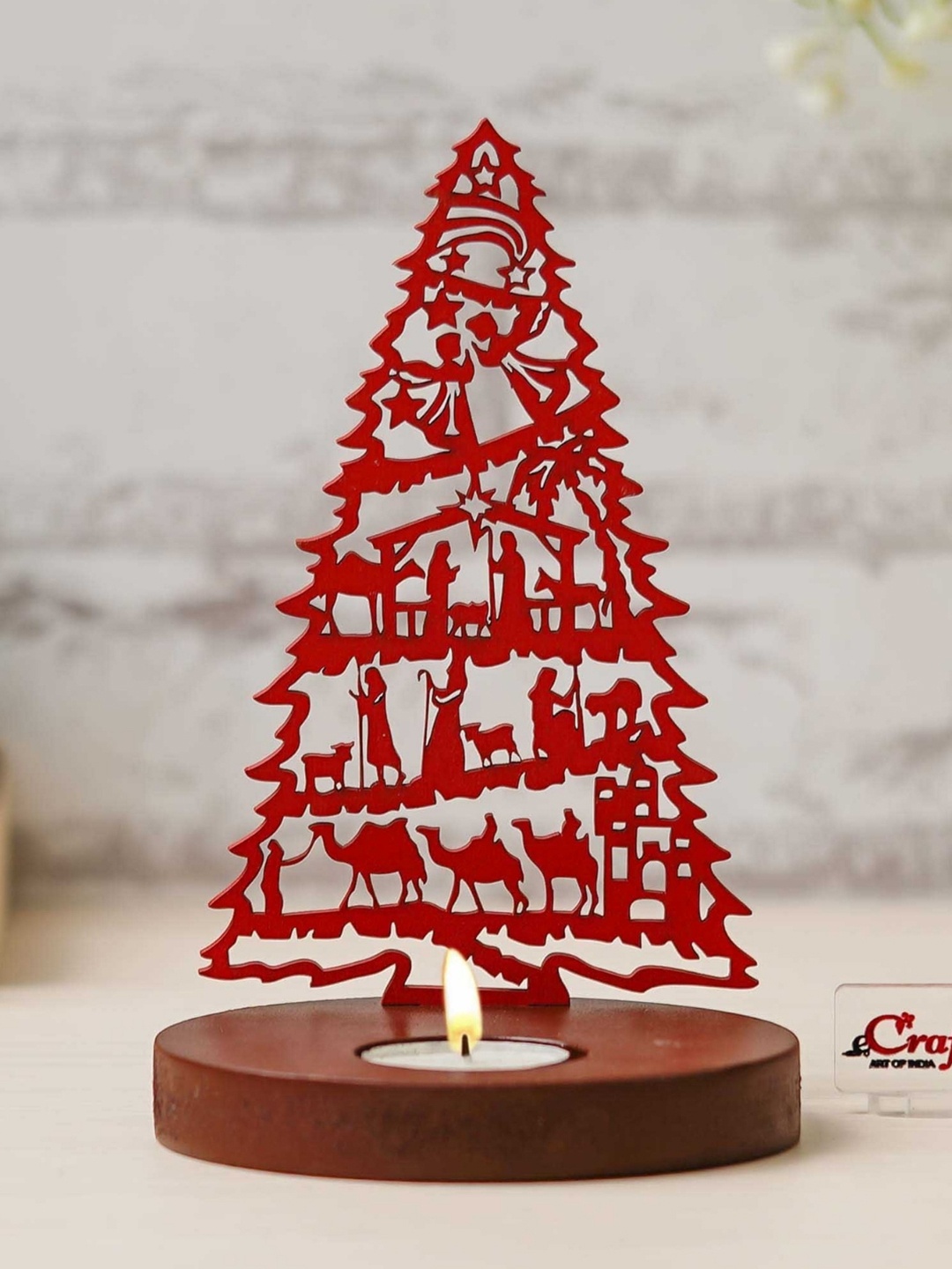 

eCraftIndia Red & Brown Jesus Nativity Scene Christmas Tree Wooden Tea Light Candle Holder