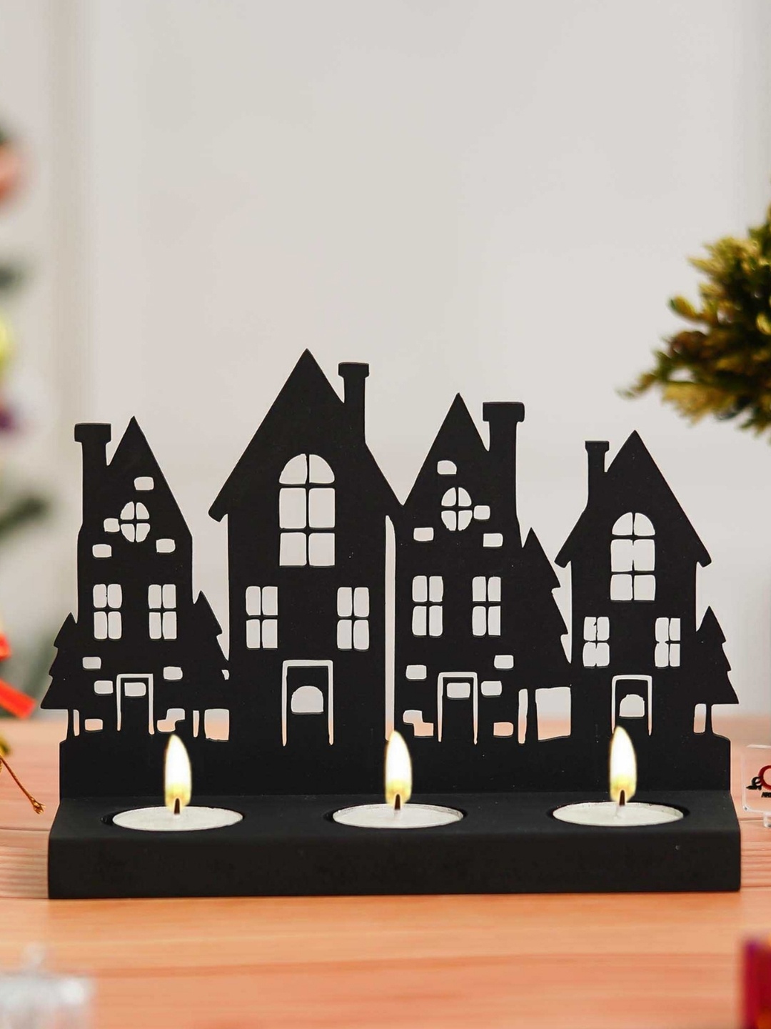 

eCraftIndia Black Merry Christmas Tower Wooden Tea Light Candle Holders