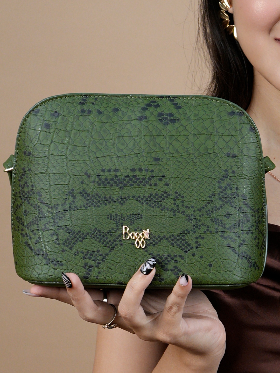 Baggit PU Oversized Structured Sling Bag with Cut Work, Green