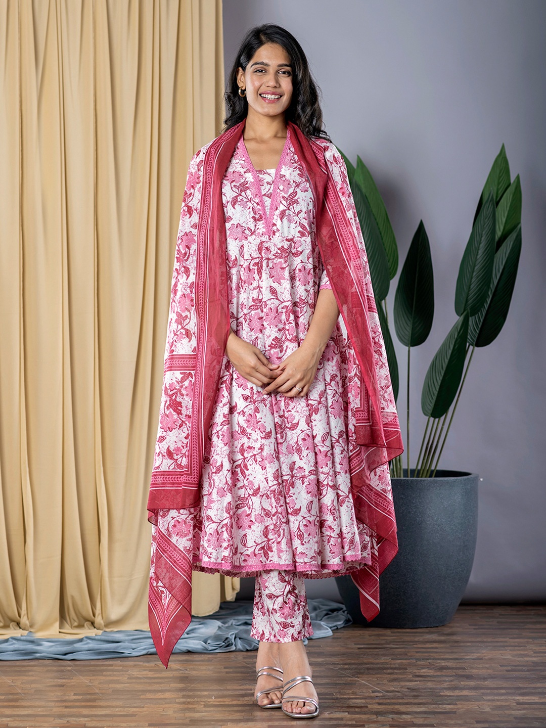 

KALINI Floral Printed Square Neck Pure Cotton A-Line Kurta with Trousers & Dupatta, Mauve