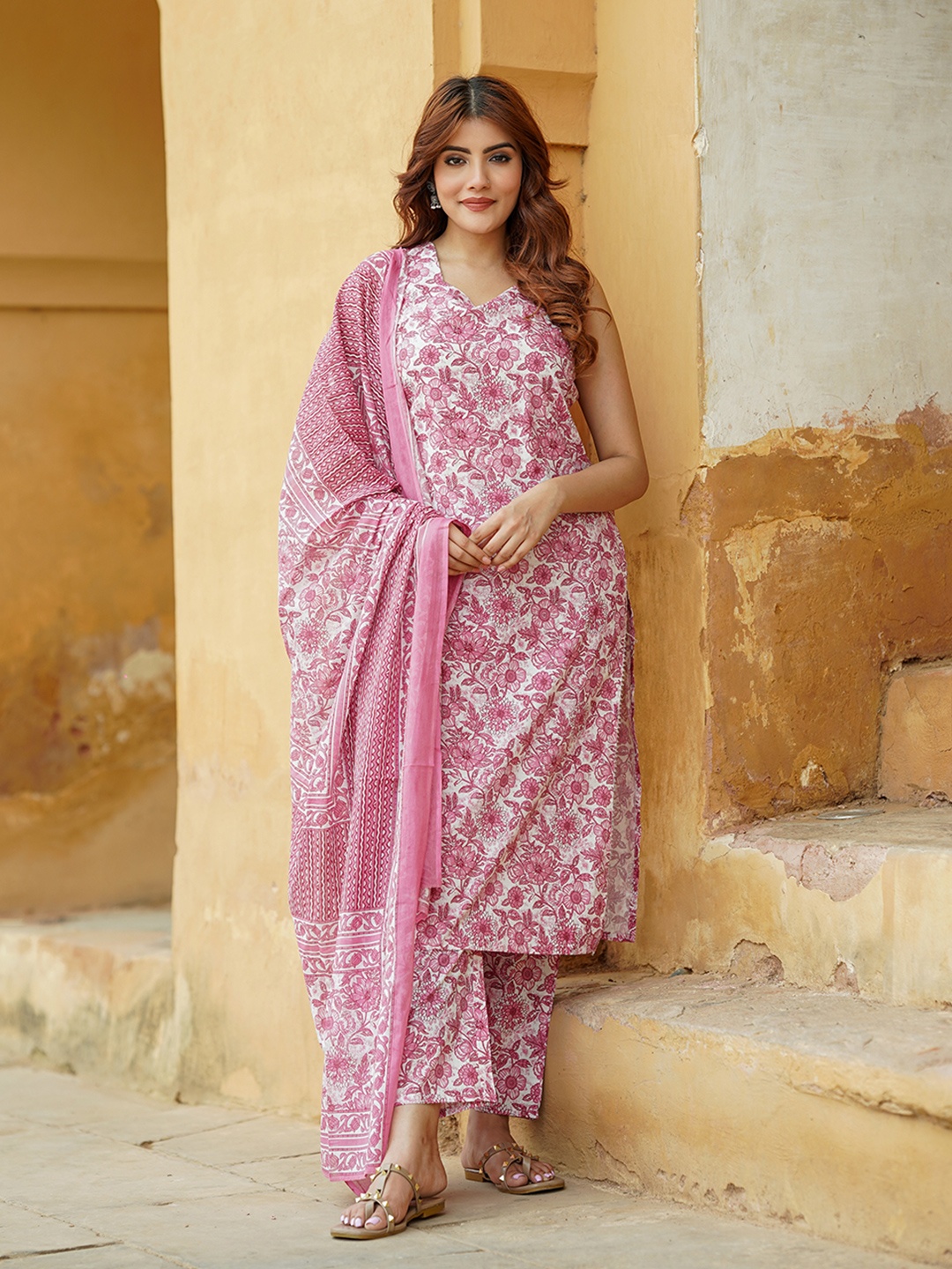 

KALINI Floral Printed Regular Pure Cotton Kurta With Trousers & Dupatta, Pink