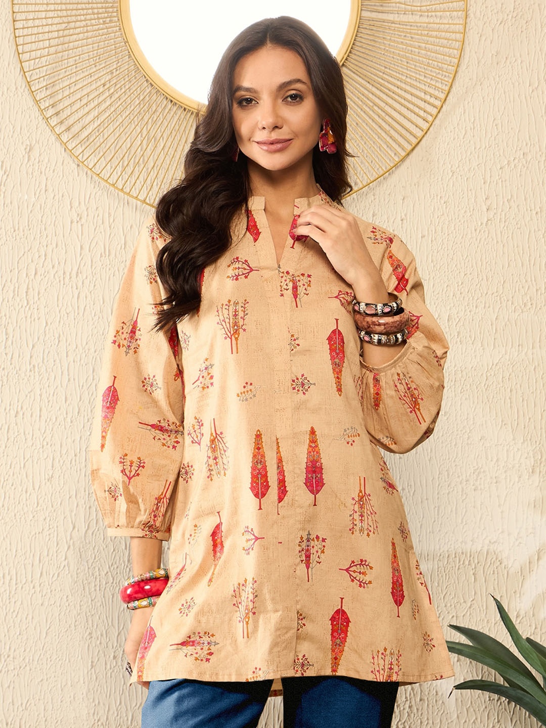 

KALINI Women Floral Printed Mandarin Collar Top, Beige