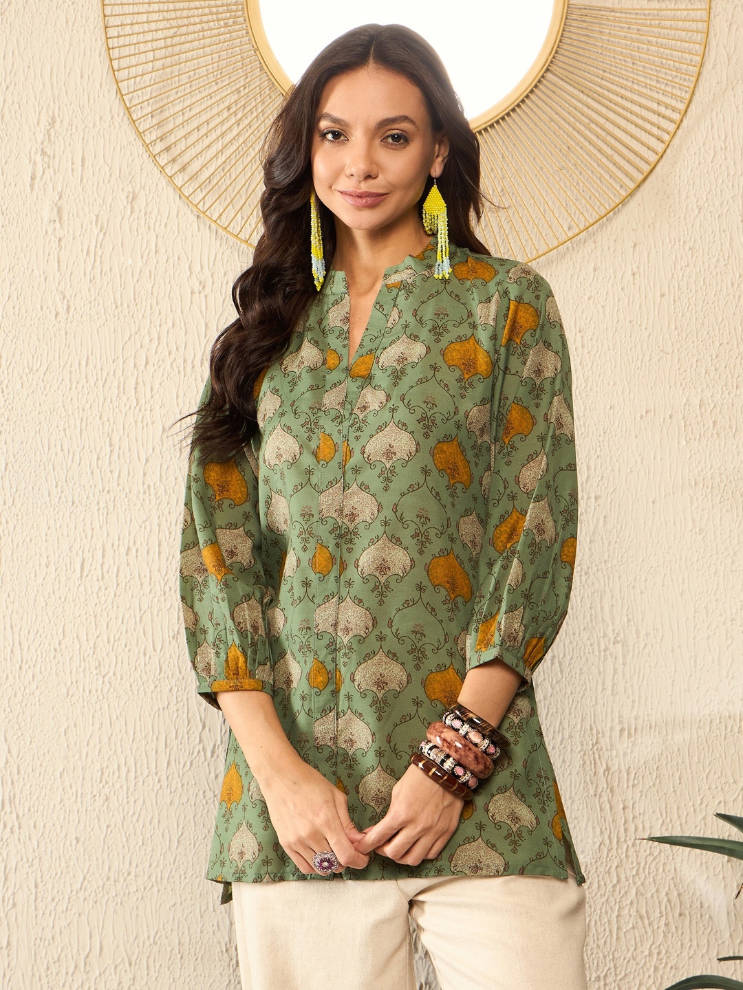 

KALINI Women Ethnic Printed Mandarin Collar Cuffed Sleeves Top, Green