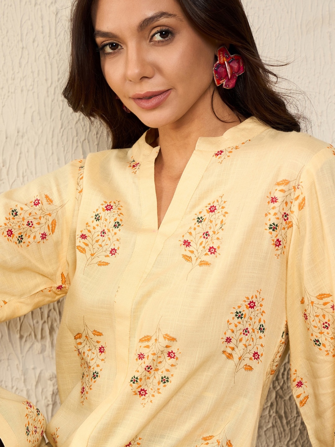 

KALINI Women Floral Printed Mandarin Collar Top, Yellow