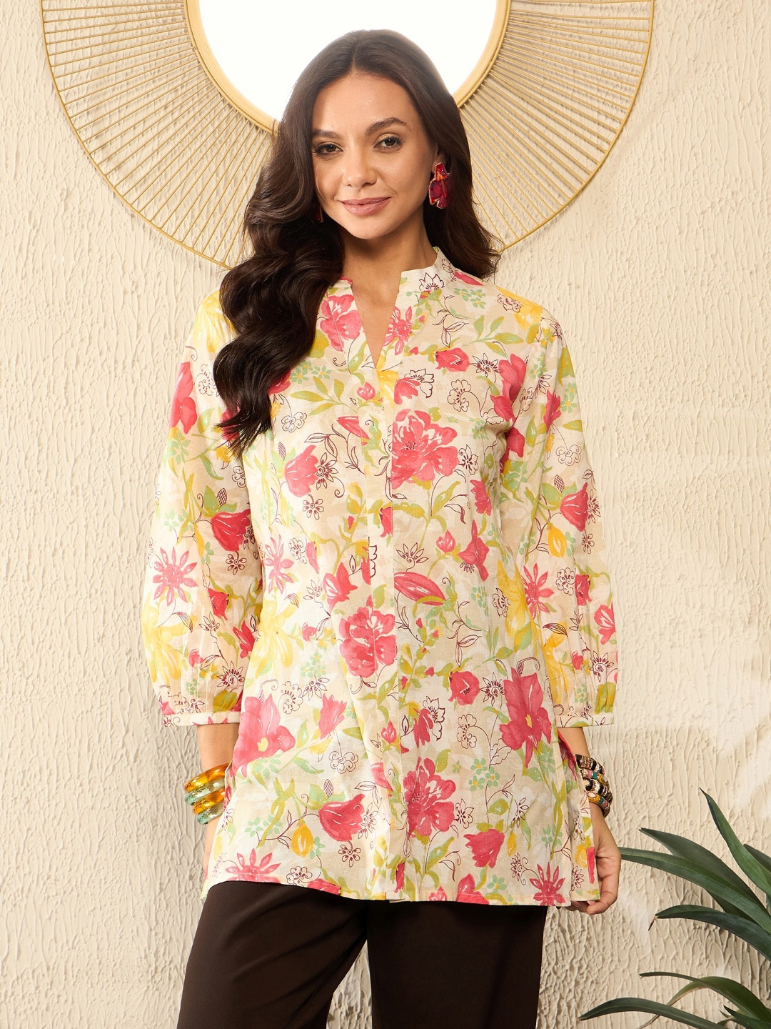 

KALINI Women Floral Printed Mandarin Collar Top, Off white