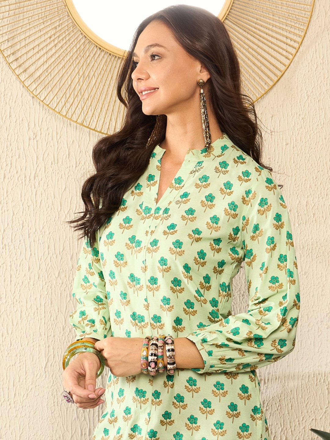 

KALINI Floral Print Mandarin Collar Three-Quarter Sleeves Top, Green