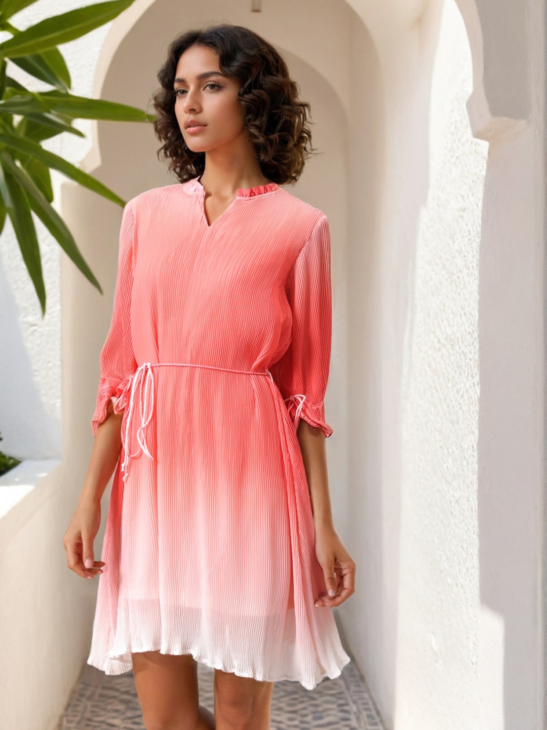 

Freehand by The Indian Garage Co Women Dyed A-Line Pleated Midi Dress, Coral