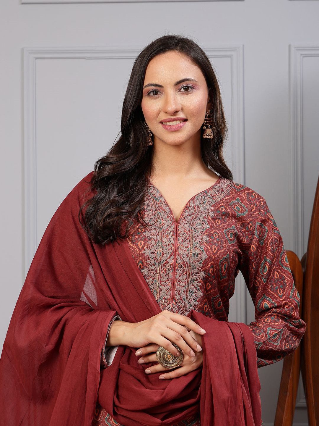 

Nayam By Lakshita Printed Sequinned Pashmina Wool Kurta with Trousers & Dupatta, Brown