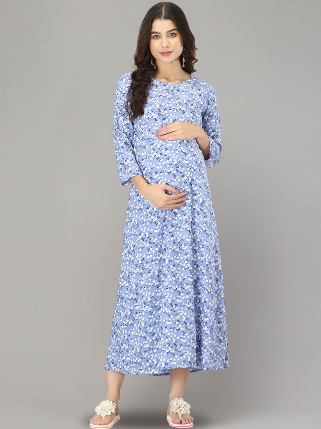 

Zuvino Women Floral Printed Maternity A-Line Midi Dress, Blue