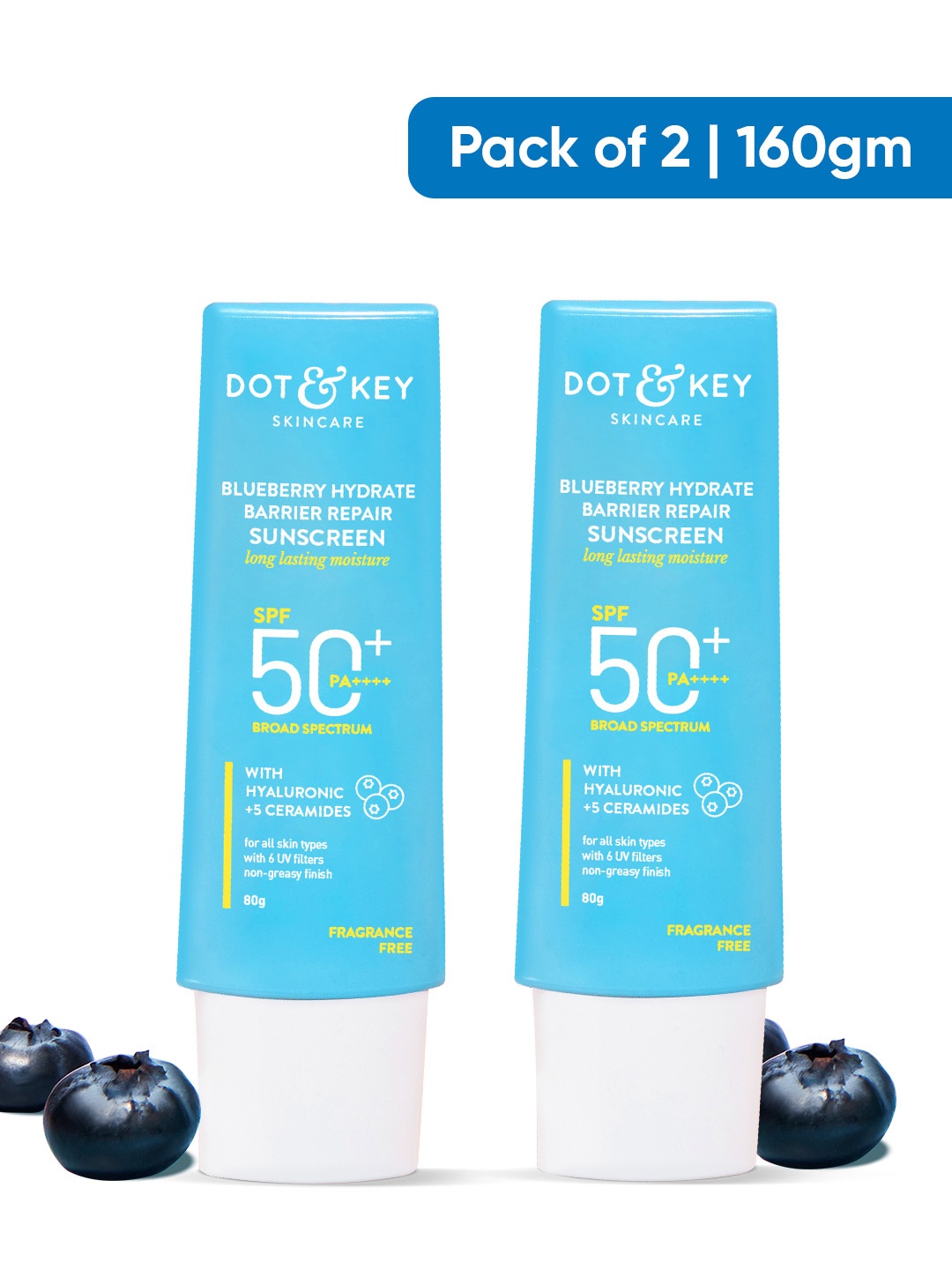 

DOT & KEY 2 Pcs Barrier Repair Blueberry Hydrate SPF 50 Sunscreen - 80g Each, Blue