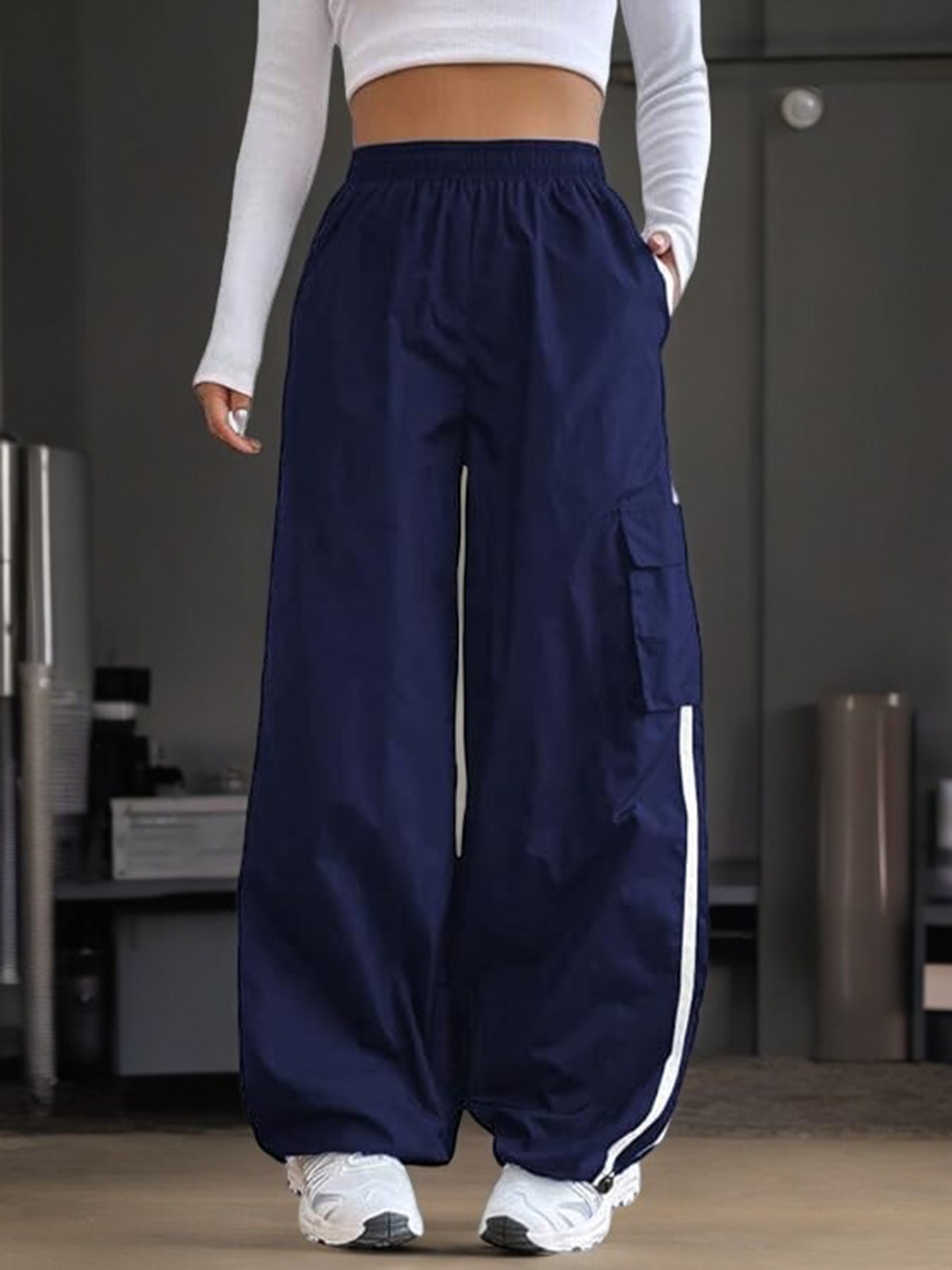 TABADTOD Women Side Stripes Relaxed Loose Fit Baggy Trousers, Navy blue