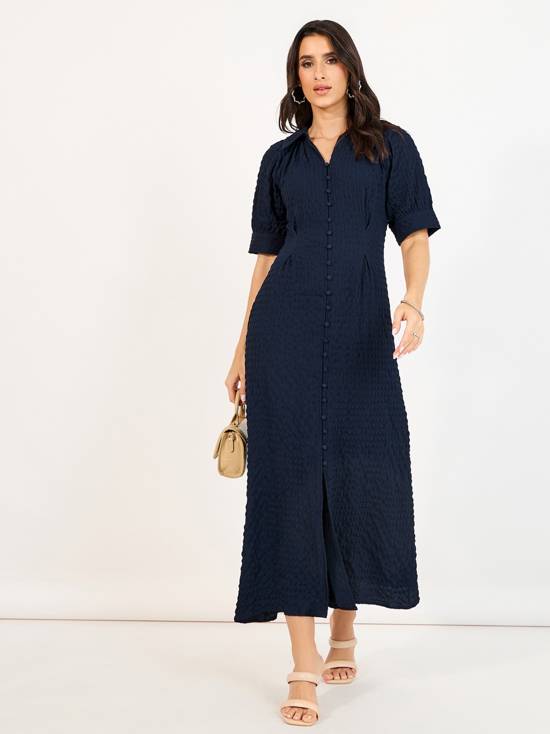 

Styli Women Solid Puff Sleeves Shirt Collar A-Line Maxi Dress, Navy blue