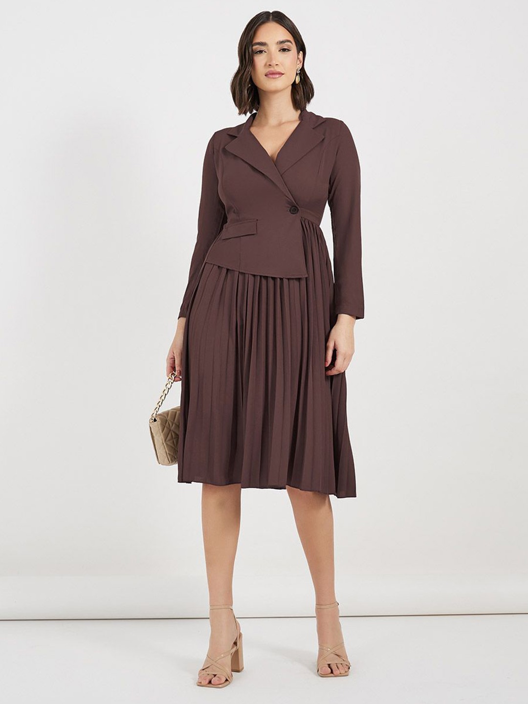

Styli Women Solid Lapel Collar Pleated Knee-Length Blazer Dress, Brown