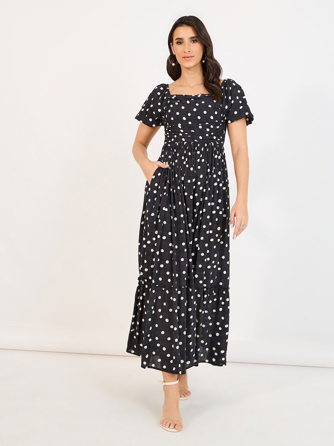 

Styli Women Polka Dot Printed A-Lline Maxi Dress, Black