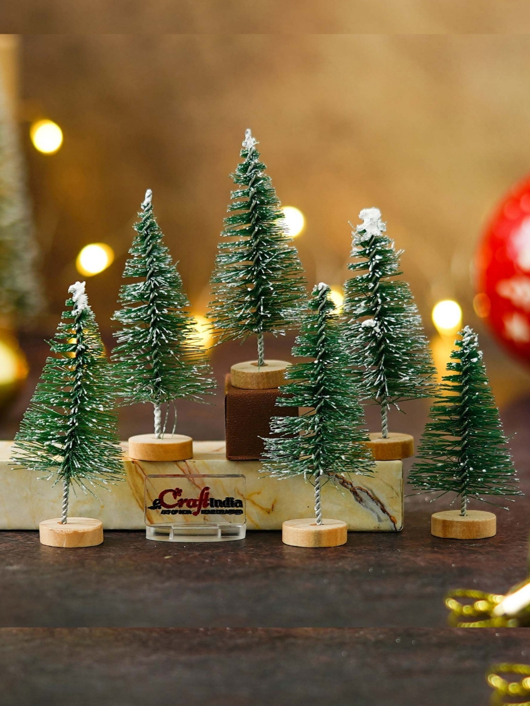 

eCraftIndia Green & Brown 6 Pieces Frosted Bottle Brush Christmas Tree Festive Decor