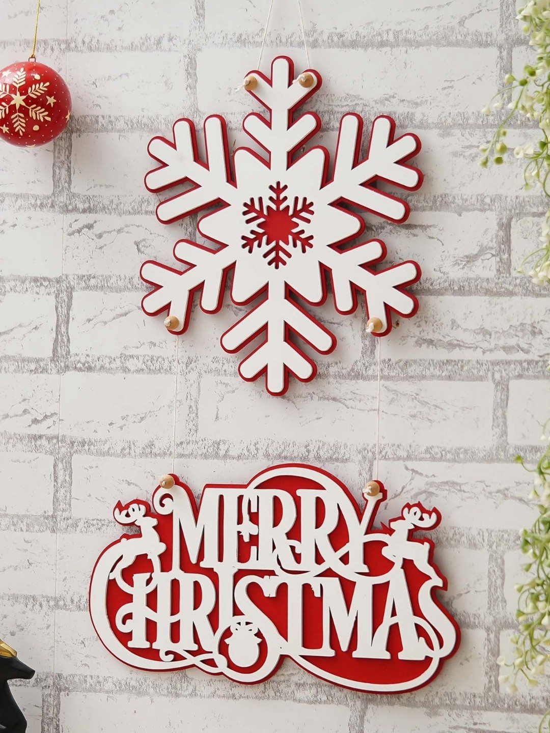 

eCraftIndia White & Red Snowflake Printed Wooden Hanging Decor