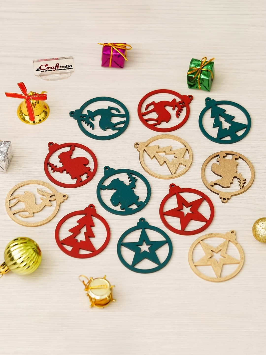 

eCraftIndia Green & Red 12 pIeces Wooden Hanging Ornaments Festive Decors