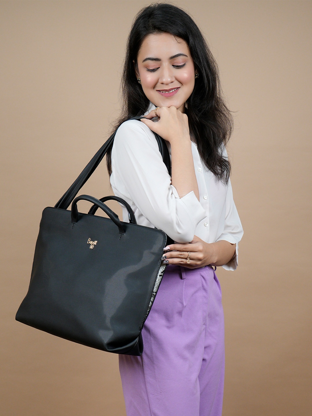 

Baggit Women PU Detachable Sling Strap One Handle Laptop Bag, Black
