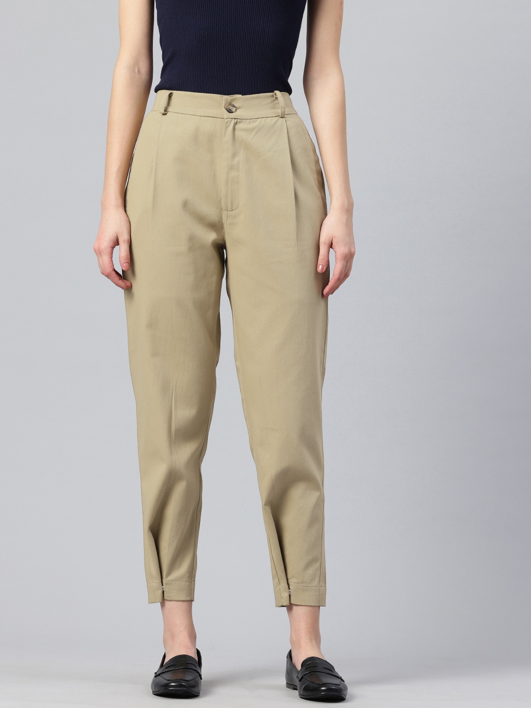 

Popnetic Women Tapered Fit High-Rise Pleated Pure Cotton Chinos Trousers, Beige