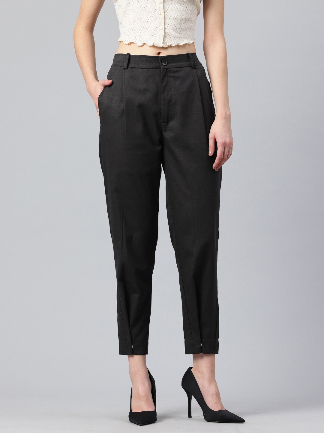 

Popnetic Women Tapered Fit High-Rise Pleated Pure Cotton Chinos Trousers, Black