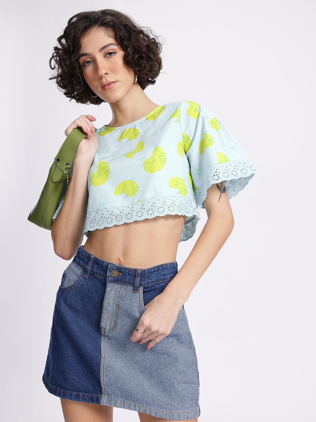 

glitchez Conversation Starter Printed Lace Inserts Boxy Top, Blue