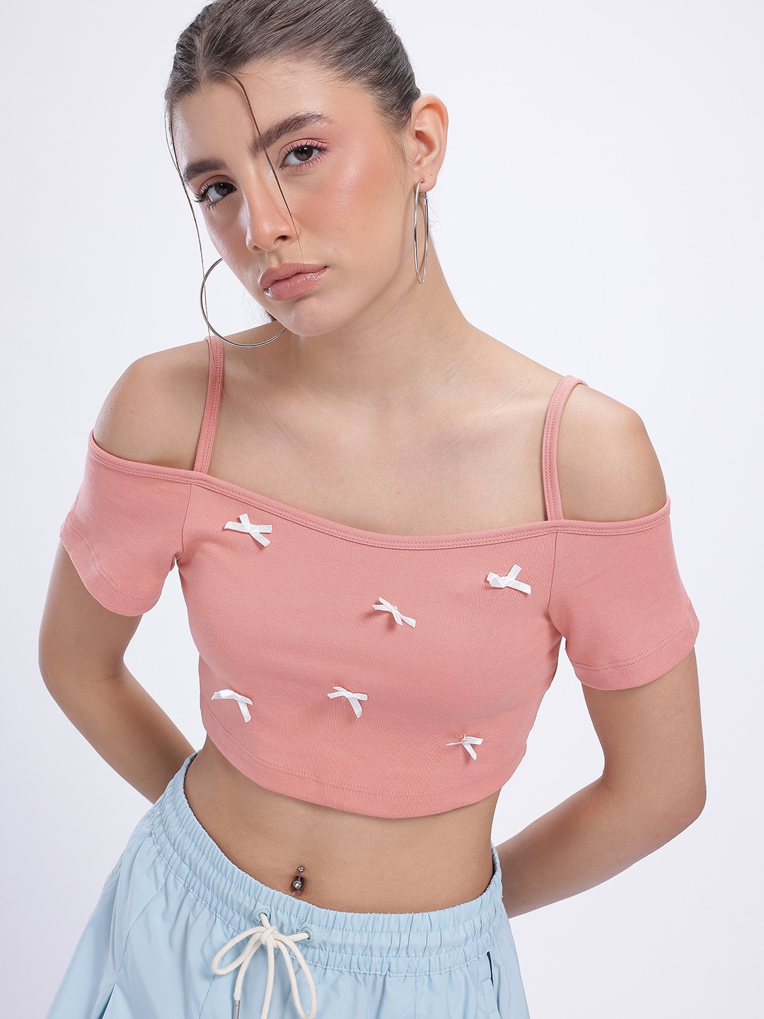 

glitchez Bow & Beyond Applique Detail Off-Shoulder Crop Top, Peach