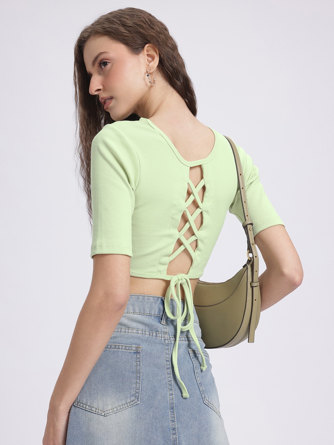 

glitchez Sweet Serenity Ribbed Lace-Up Back Crop Top, Green
