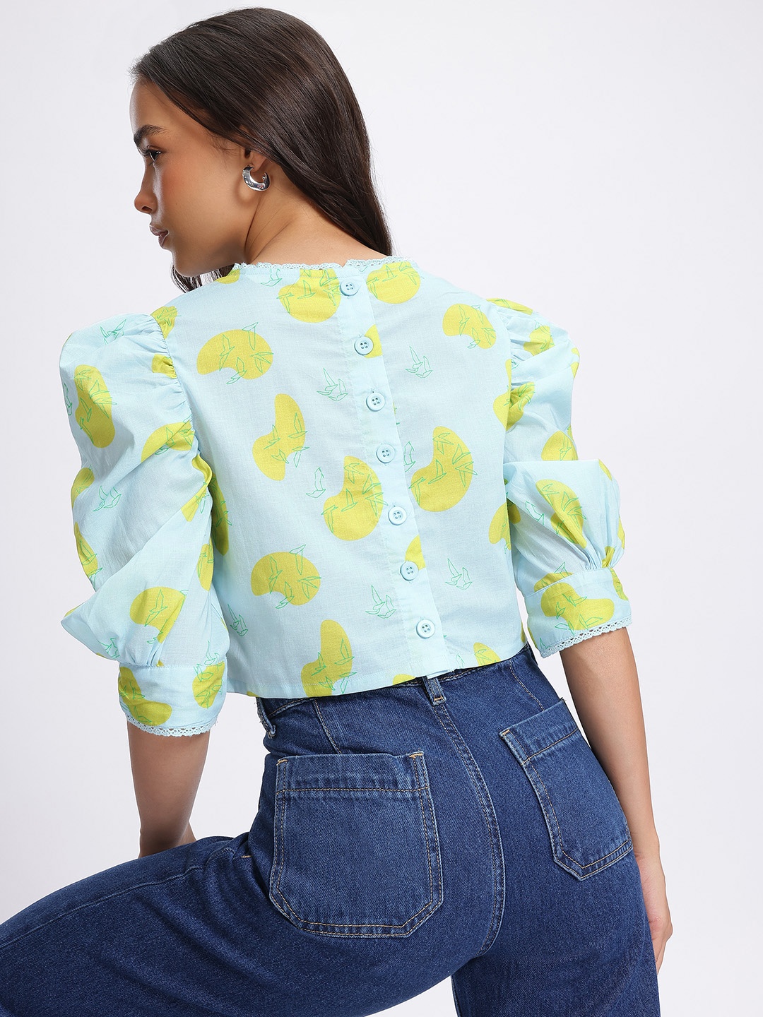 

glitchez Vivid Printed Puff Sleeves Crop Top, Blue