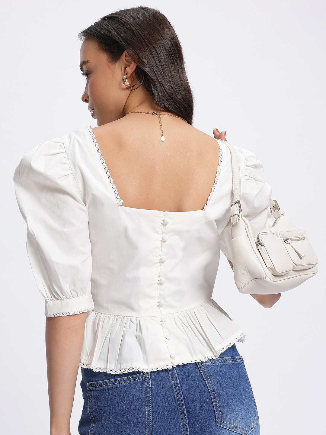

glitchez Dreamy Distress Lace Inserts Peplum Top, Off white