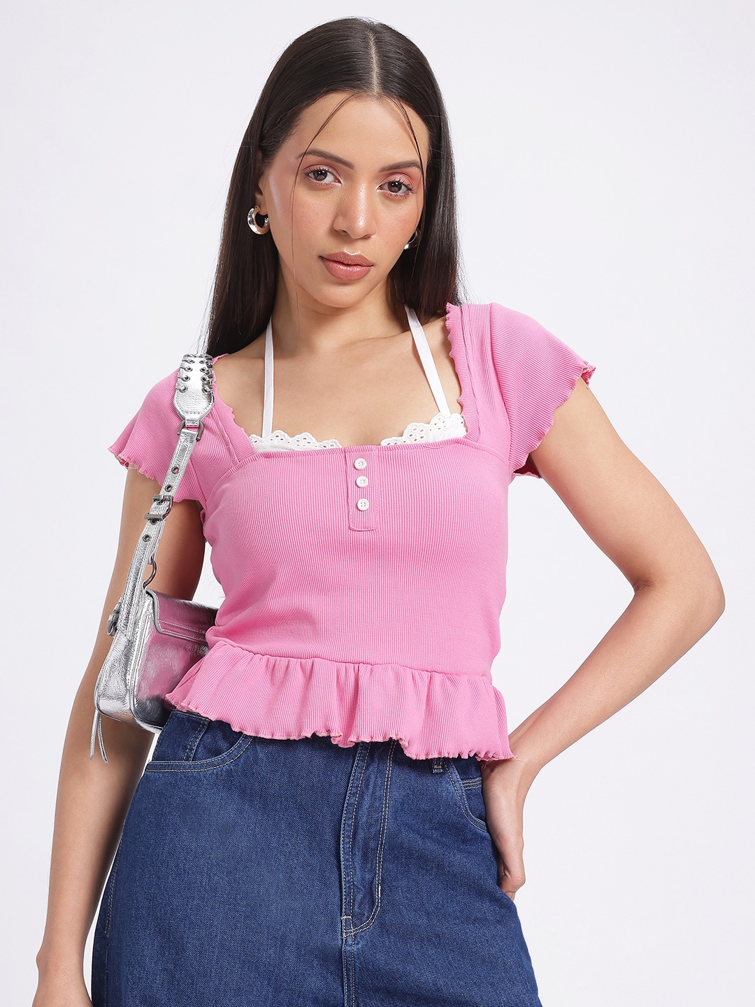 

glitchez Girly Glam Ribbed Halter Neck Lace Inserts Peplum Top, Pink