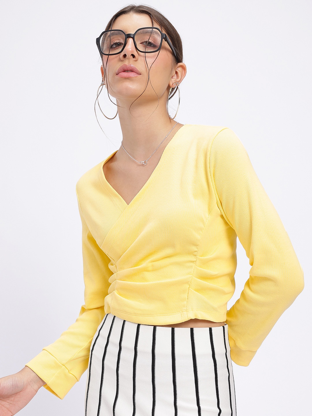 

glitchez Dainty Darling Ribbed Ruched Wrap Crop Top, Yellow