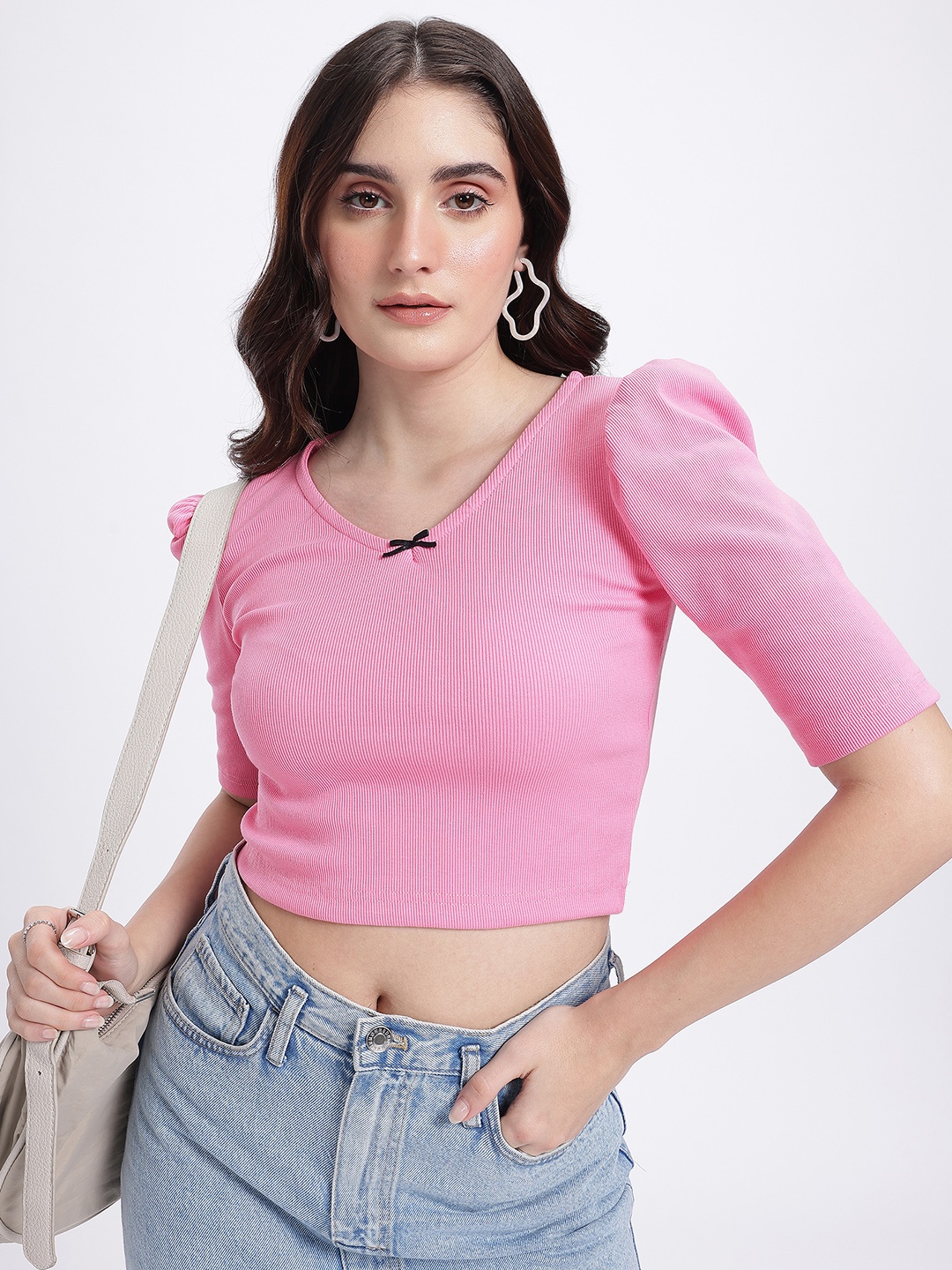 

glitchez Ribbed Edge Puff Sleeve Top, Pink
