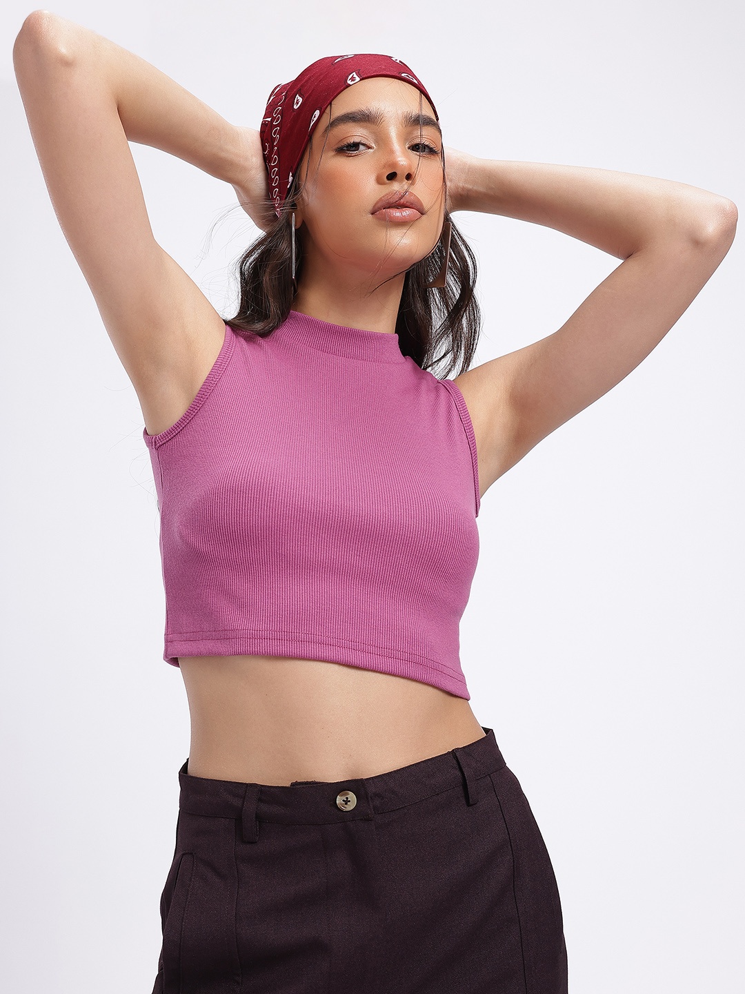 

glitchez Soft Grunge Glam High-Neck Ribbed Crop Top, Purple