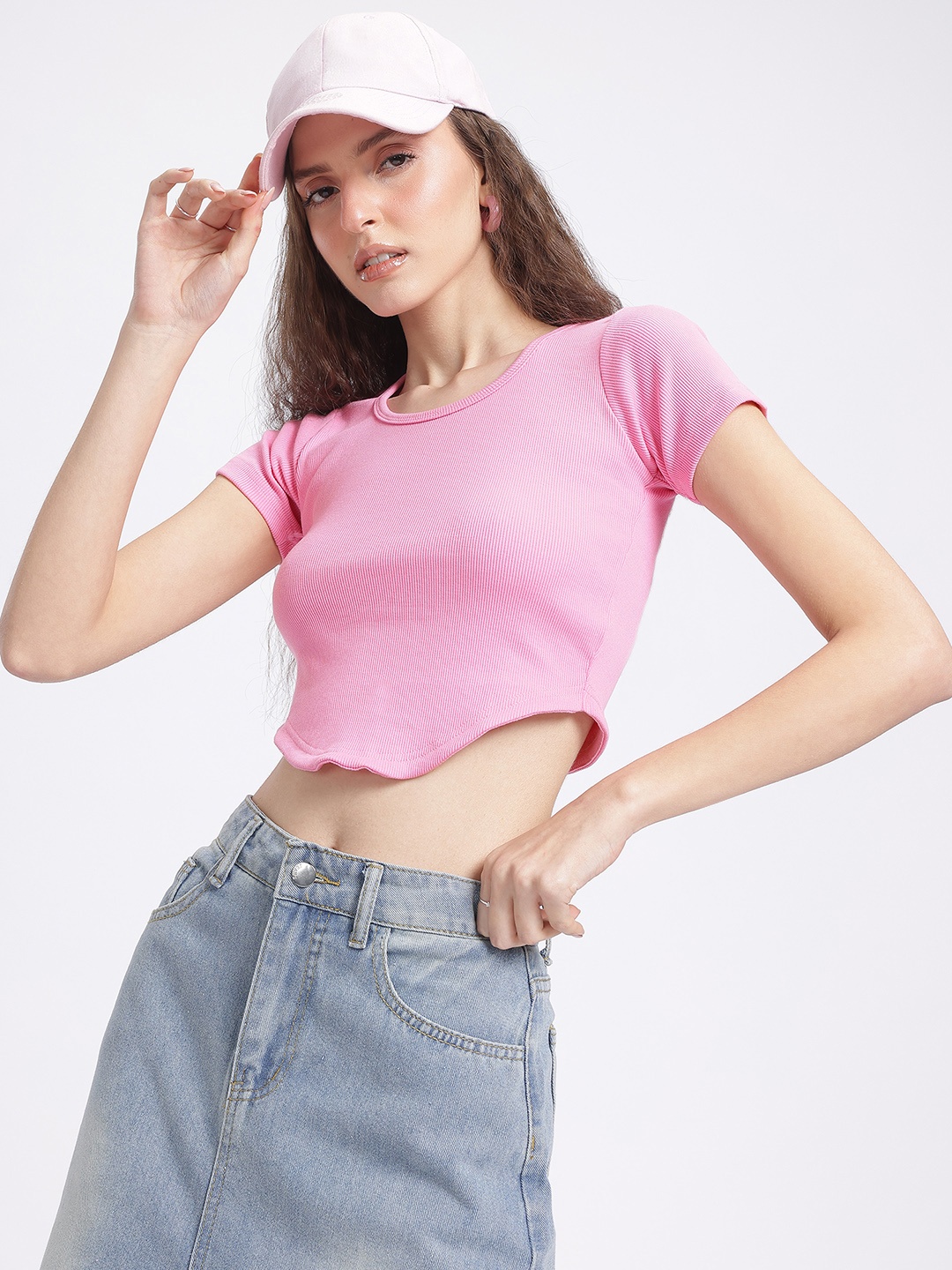 

glitchez Basic Knit Ribbed Curved Hem Crop Top, Pink