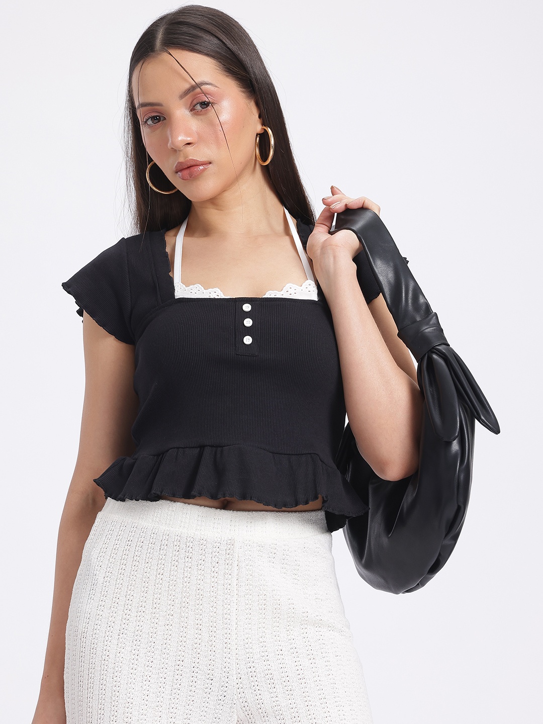 

glitchez Moonlit Hour Flounced Hem Ribbed Crop Top, Black