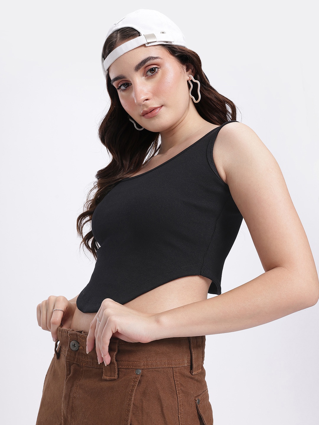 

glitchez Ribbed Edge Corset Hem Fitted Crop Top, Black